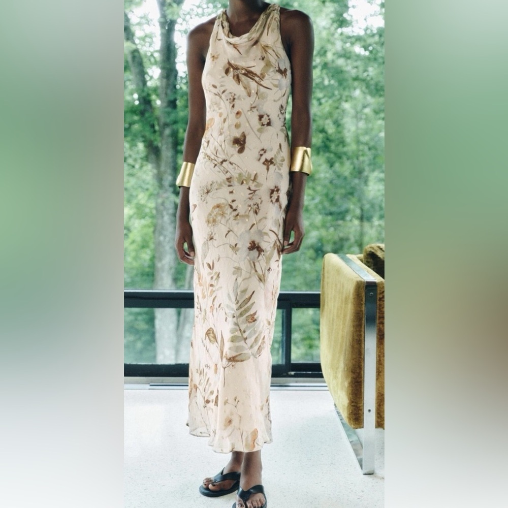 Zara Women's Large Metallic Floral Maxi Dress NWT Boho Sleeveless Viscose  Gown